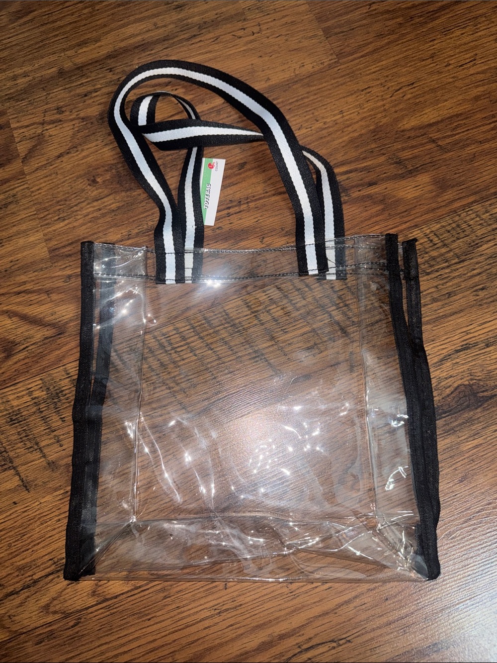 Clear PVC Tote Bag with Black Trim and Striped Handles 38.Mon.1